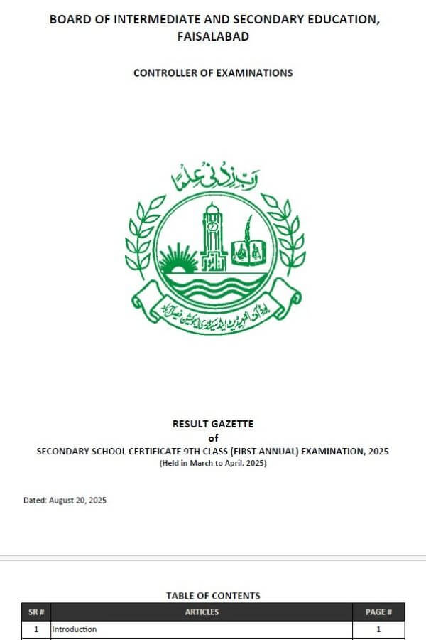 9th Class Gazette Faisalabad 2025