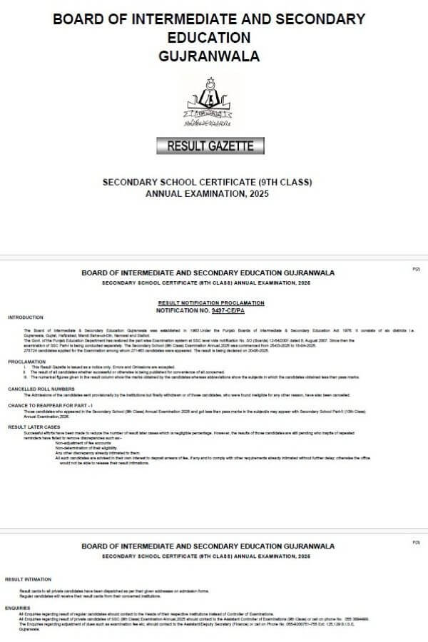 9th Class Gazette Gujranwala 2025