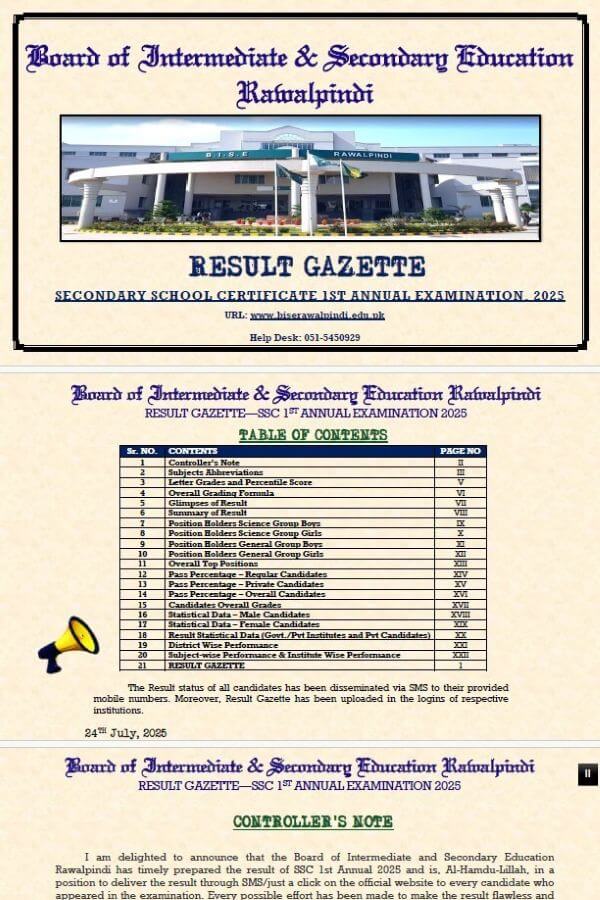 BISE Rawalpindi Result, 1st Annual Examination 2025