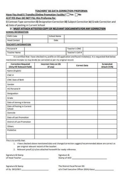 Teachers SIS Data Correction Proforma